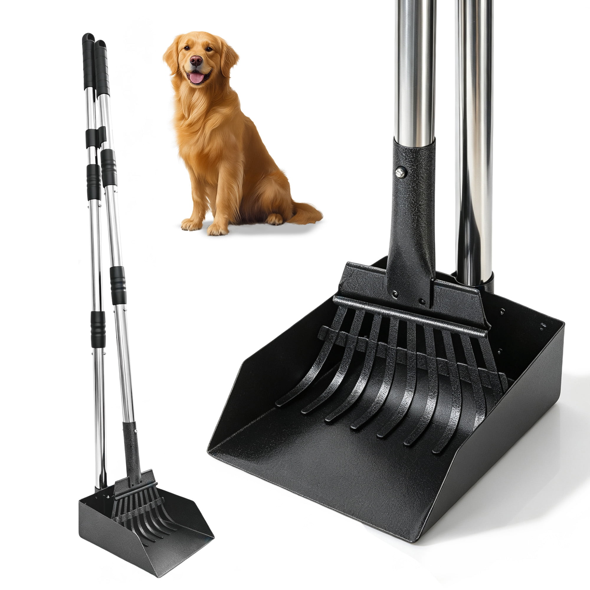 Dog Pooper Scooper, Stainless Metal Dog Poop Tray and Rake Set, Pet Waste Removal Scoop with Adjustable Long Handle, Use on Grass, Dirt or Gravel