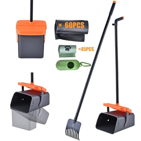 Dog Pooper Scooper Swivel Bin & Rake Kit with 55 Waste Bags, 46" Long Handle Adjustable Portable Non-Breakable Poop Scooper Easy to Clean Pet Waste