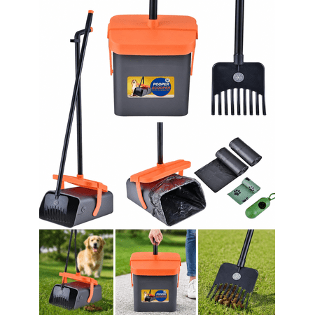 Dog Pooper Scooper Swivel Bin & Rake Kit with 35 Waste Bags, 46" Long Handle Adjustable Portable Non-Breakable Poop Scooper Easy to Clean Pet Waste