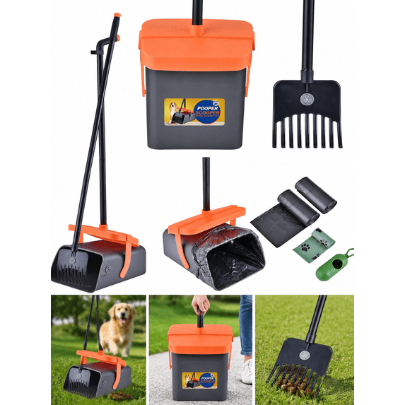 Dog Pooper Scooper Swivel Bin & Rake Kit with 35 Waste Bags, 46" Long Handle Adjustable Portable Non-Breakable Poop Scooper Easy to Clean Pet Waste