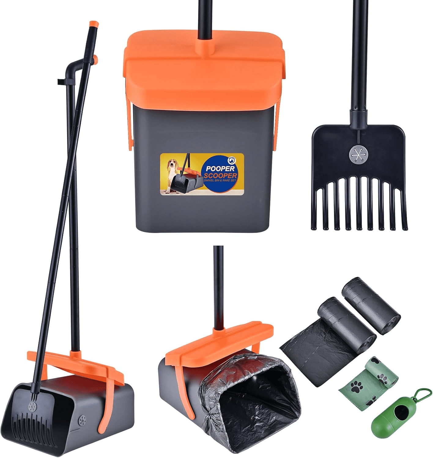Portable Trash Rake Dog Pooper Scooper Swivel Bin & Rake Kit with 35 Waste Bags, 46