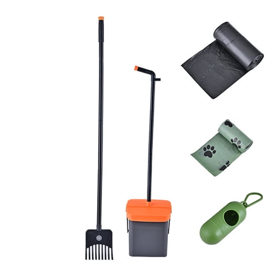 Dog Pooper Scooper Swivel Bin & Rake Kit with Waste Bags, Long Handle Adjustable Portable Non-Breakable Poop Scooper Easy to Clean Pet Waste Black
