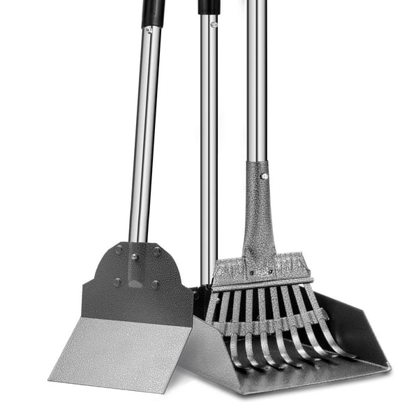 Dog Pooper Scooper, Tray Rake and Spade 3 Pack Poop Scoop Adjustable Long Handle Metal with Bin for Pet Waste Removal, No Bending Clean Up for Large and Small Dogs