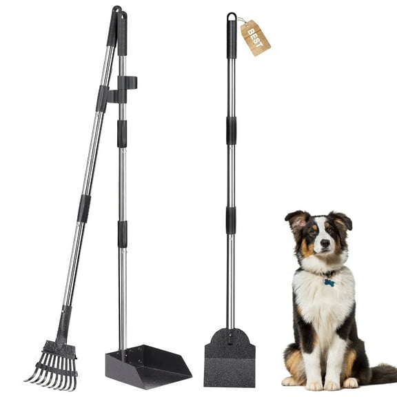 Dog Pooper Scooper for Large,Medium,and Small Dogs,38-Inch Handle Metal Poop Scooper with Metal Rake,Tray,and Pet Waste Scoop,Black