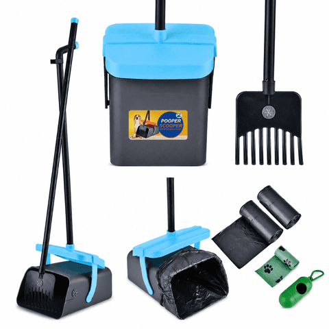 Pooper Scooper, 46"Long Adjustable Handle Dog Pooper Scooper Swivel Bin & Rake with Bags Attachment, Portable Dog Poop Scooper with Lid for Yard (Blue)