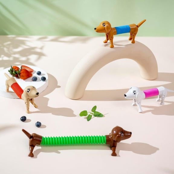Dog Pop Tubes Fidget Sensory Toys (4 Pack) - Stretchable Crunchy Tubes for Stress Relief, Ideal for Easter Egg Stuffers, Basket Fillers, Desk Decor & Relaxation On-the-Go