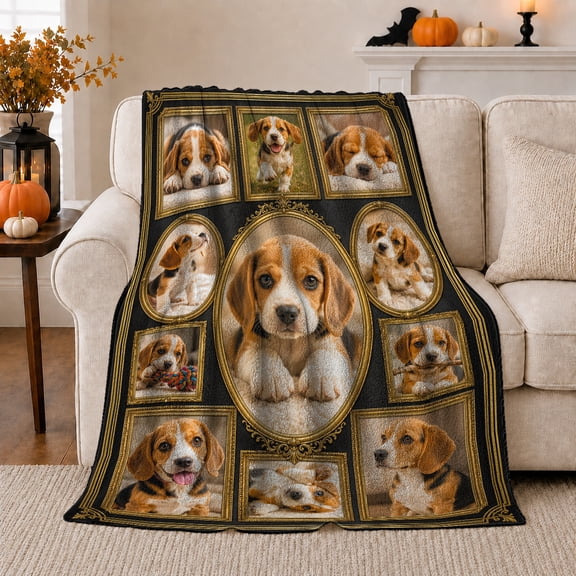 Dog Portrait Collage in Vintage Frames, Nostalgic Rustic Style for Dog Lovers, Gallery Wall Pet Motif and Birthday Gift, Cozy Flannel Blanket for Living Room and Bedroom, Home Decor