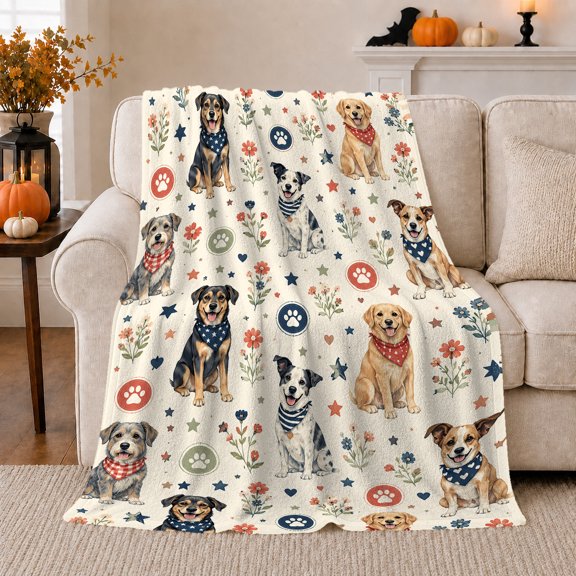 Dog Portrait Colorful Pet Artwork Playful Graphic Style Dog Lovers Colorful Pet Portrait Warm Flannel Blanket, Pet Adoption Gift for Living Room and Bedroom Home Decor