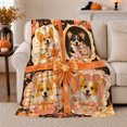 thumbnail image 1 of Dog Portrait Patchwork with Orange Bow Print Soft Flannel Blanket, Botanical Art Style for Floral Art Lovers, Housewarming Gift for Bedroom and Living Room, Home Decor, 1 of 9
