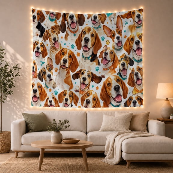 Dog Portraits Among Teal Paw Prints and Bow Ties, Playful Illustration for Dog Lovers, Canine Wall Art, Housewarming Gift, Tapestry Wall Hanging for Bedroom and Living Room