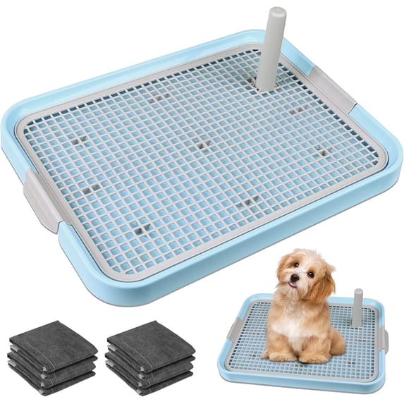 Dog Potty Tray Toilet 20"x14" - Indoor Pee Pad Holder with 8pcs Training Pads, Puppy Mesh Potty with Secure Latch for Small Medium Puppies - Blue