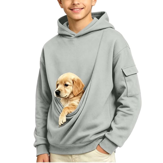 Dog Pouch Hoodie for Kids Oversized Kangaroo Pouch Hoodies Boys Carrier Cargo Sweatshirt Solid Long Sleeve Pullover