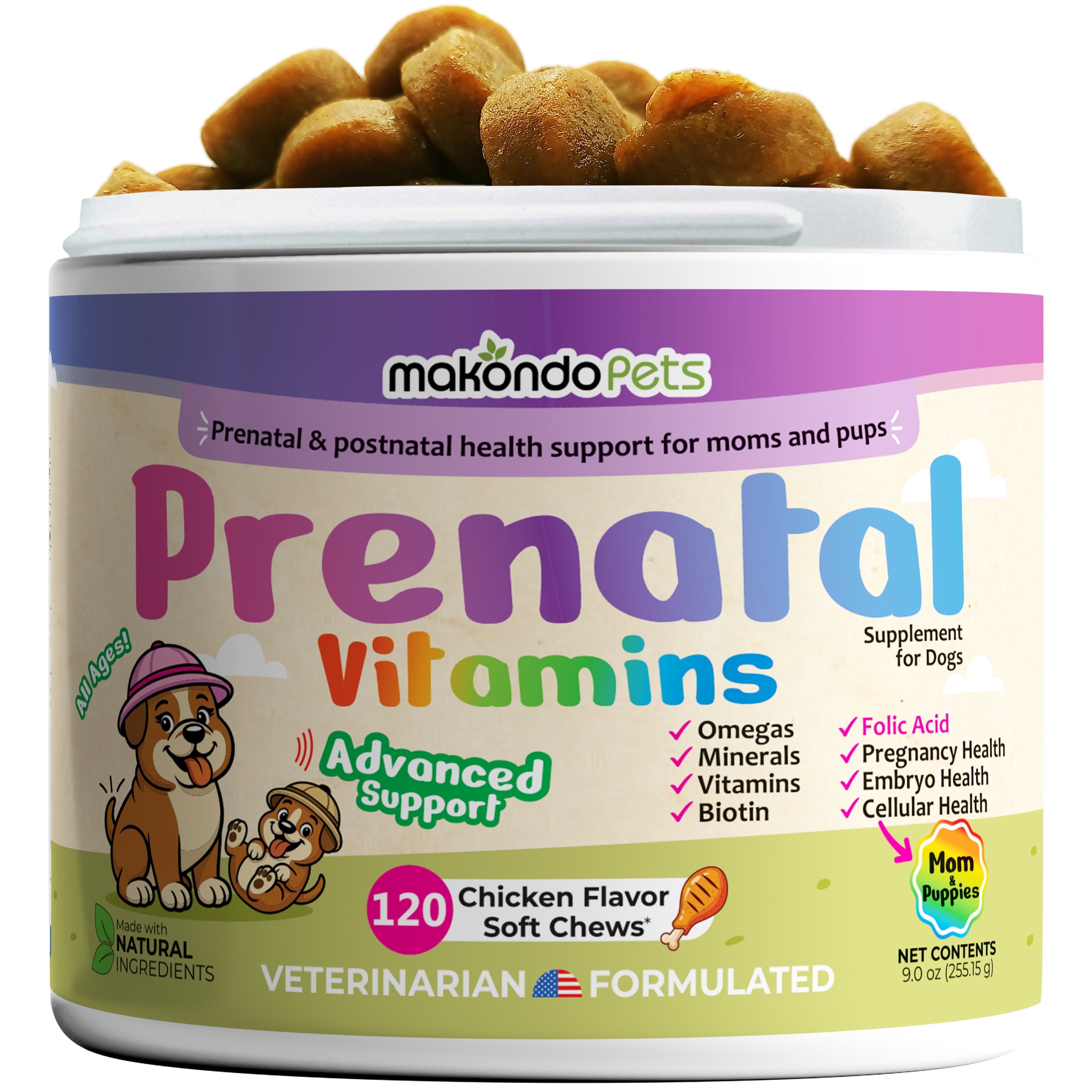 Dog Prenatal Vitamins 120 Shoft Chews Multivitamin, Folic Acid, Glucosamine, Salmon Oil and Minerals for Pregnant, Breastfeeding and Newborn Pets Complete Puppy Multi Vitamin.