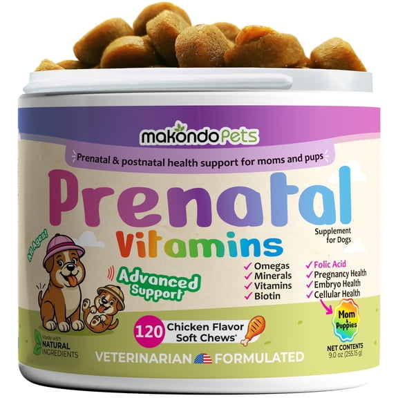 Dog Prenatal Vitamins 120 Shoft Chews Multivitamin, Folic Acid, Glucosamine, Salmon Oil and Minerals for Pregnant, Breastfeeding and Newborn Pets Complete Puppy Multi Vitamin.