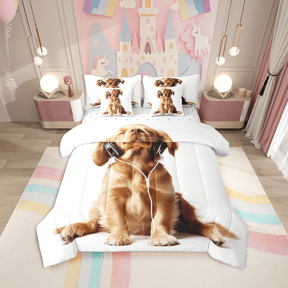 Dog Print Bed in a Bag 7 Pcs Cute Dog Print Bedding Sets,Kawaii Golden Retriever Decor Comforter Set Sheets for Dog Lovers,Lovely Pet Dog Print Bed Set Dog Print Sheet Set King