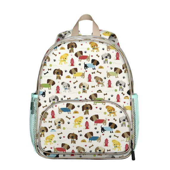 Dog Print Design Student Backpack – Playful Puppy Paw Pattern with Bone and Tail Cartoon Design, Artistic Watercolor Style for School