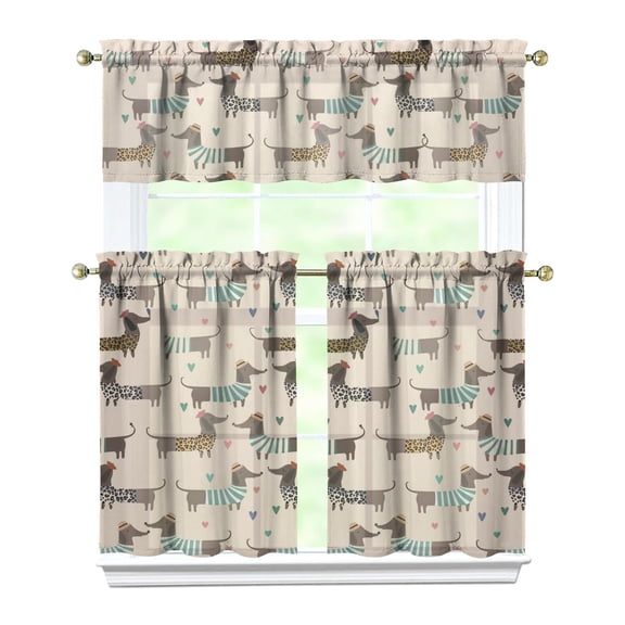 Dog Print Kitchen Curtains 36 Inch Short - 3 Panel Set, Cute Puppy & Floral Design, Rod Pocket Pet Lover Curtains 100% Polyester, Paw & Bone Pattern for Kitchen, Living Room, Bedroom, Easy Wash