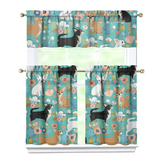 Dog Print Kitchen Curtains 36 Inch Short - 3 Panel Set, Cute Puppy & Floral Design, Rod Pocket Pet Lover Curtains 100% Polyester, Paw & Bone Pattern for Kitchen, Living Room, Bedroom, Easy Wash