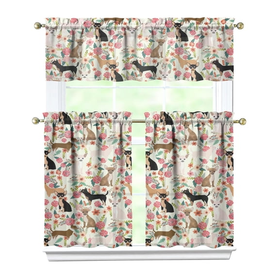 Dog Print Kitchen Curtains 36 Inch Short - 3 Panel Set, Cute Puppy & Floral Design, Rod Pocket Pet Lover Curtains 100% Polyester, Paw & Bone Pattern for Kitchen, Living Room, Bedroom, Easy Wash