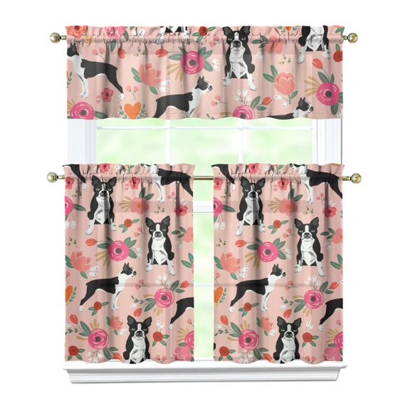 Dog Print Kitchen Curtains 36 Inch Short - 3 Panel Set, Cute Puppy & Floral Design, Rod Pocket Pet Lover Curtains 100% Polyester, Paw & Bone Pattern for Kitchen, Living Room, Bedroom, Easy Wash