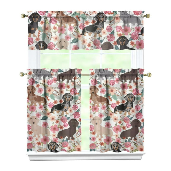 Dog Print Kitchen Curtains 36 Inch Short - 3 Panel Set, Cute Puppy & Floral Design, Rod Pocket Pet Lover Curtains 100% Polyester, Paw & Bone Pattern for Kitchen, Living Room, Bedroom, Easy Wash
