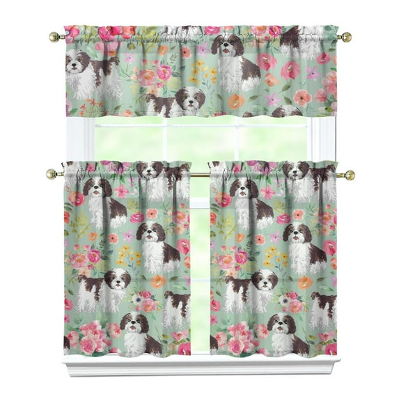 Dog Print Kitchen Curtains 36 Inch Short - 3 Panel Set, Cute Puppy & Floral Design, Rod Pocket Pet Lover Curtains 100% Polyester, Paw & Bone Pattern for Kitchen, Living Room, Bedroom, Easy Wash