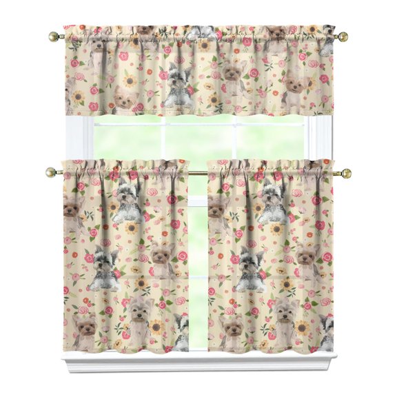 Dog Print Kitchen Curtains 36 Inch Short - 3 Panel Set, Cute Puppy & Floral Design, Rod Pocket Pet Lover Curtains 100% Polyester, Paw & Bone Pattern for Kitchen, Living Room, Bedroom, Easy Wash