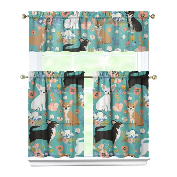 Dog Print Kitchen Curtains 36 Inch Short - 3 Panel Set, Cute Puppy & Floral Design, Rod Pocket Pet Lover Curtains 100% Polyester, Paw & Bone Pattern for Kitchen, Living Room, Bedroom, Easy Wash