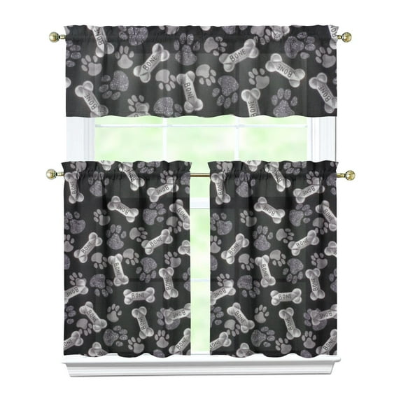 Dog Print Kitchen Curtains 36 Inch Short - 3 Panel Set, Cute Puppy & Floral Design, Rod Pocket Pet Lover Curtains 100% Polyester, Paw & Bone Pattern for Kitchen, Living Room, Bedroom, Easy Wash