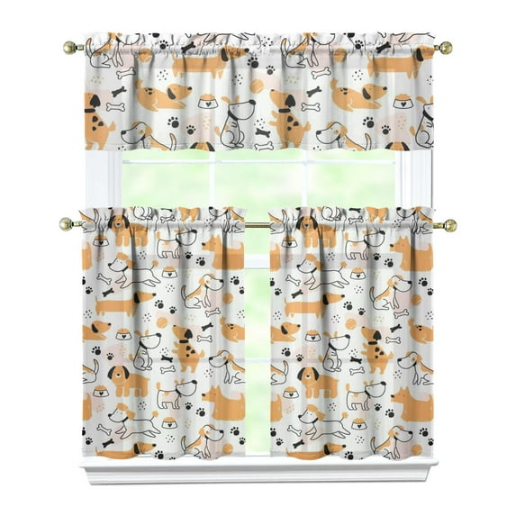 Dog Print Kitchen Curtains 36 Inch Short - 3 Panel Set, Cute Puppy & Floral Design, Rod Pocket Pet Lover Curtains 100% Polyester, Paw & Bone Pattern for Kitchen, Living Room, Bedroom, Easy Wash