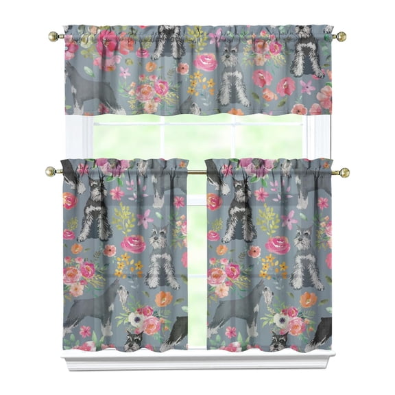 Dog Print Kitchen Curtains 36 Inch Short - 3 Panel Set, Cute Puppy & Floral Design, Rod Pocket Pet Lover Curtains 100% Polyester, Paw & Bone Pattern for Kitchen, Living Room, Bedroom, Easy Wash