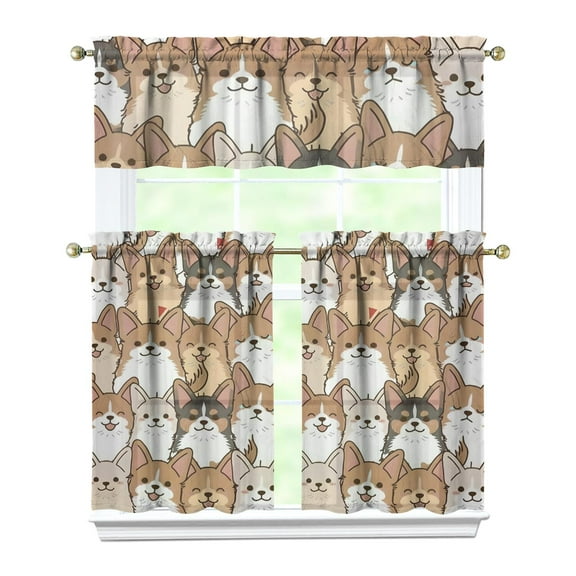Dog Print Kitchen Curtains 36 Inch Short - 3 Panel Set, Cute Puppy & Floral Design, Rod Pocket Pet Lover Curtains 100% Polyester, Paw & Bone Pattern for Kitchen, Living Room, Bedroom, Easy Wash