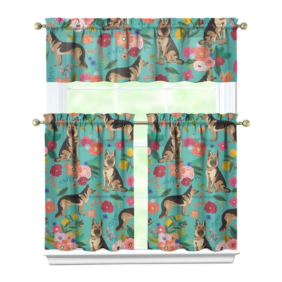 Dog Print Kitchen Curtains 36 Inch Short - 3 Panel Set, Cute Puppy & Floral Design, Rod Pocket Pet Lover Curtains 100% Polyester, Paw & Bone Pattern for Kitchen, Living Room, Bedroom, Easy Wash