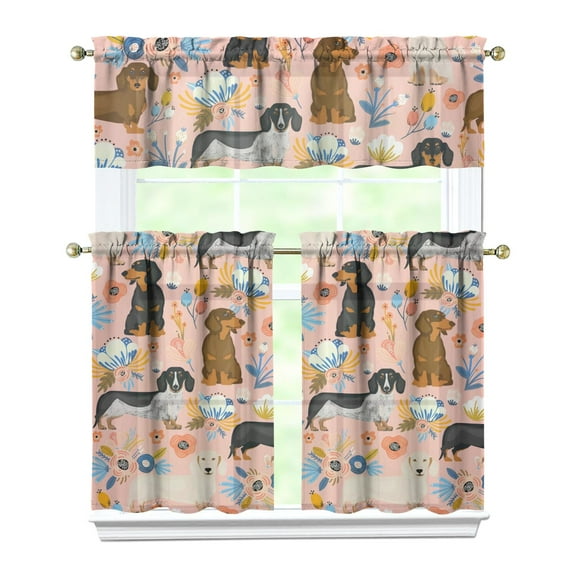 Dog Print Kitchen Curtains 36 Inch Short - 3 Panel Set, Cute Puppy & Floral Design, Rod Pocket Pet Lover Curtains 100% Polyester, Paw & Bone Pattern for Kitchen, Living Room, Bedroom, Easy Wash