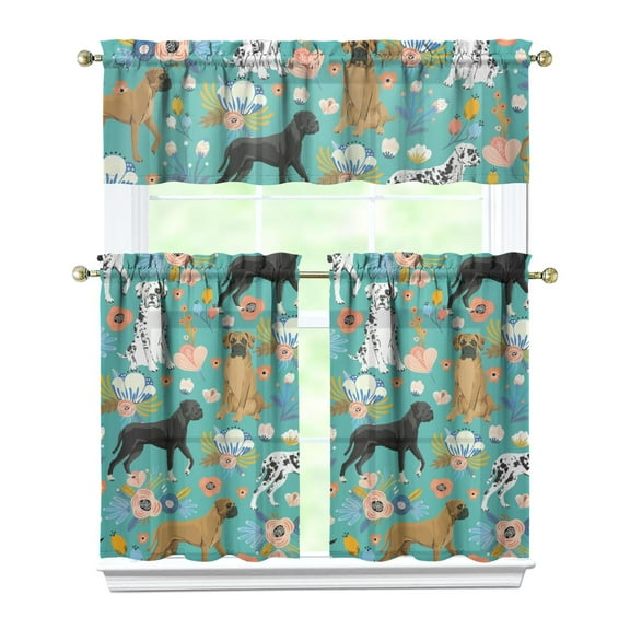 Dog Print Kitchen Curtains 36 Inch Short - 3 Panel Set, Cute Puppy & Floral Design, Rod Pocket Pet Lover Curtains 100% Polyester, Paw & Bone Pattern for Kitchen, Living Room, Bedroom, Easy Wash