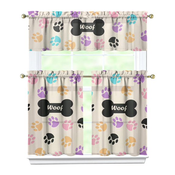 Dog Print Kitchen Curtains 36 Inch Short - 3 Panel Set, Cute Puppy & Floral Design, Rod Pocket Pet Lover Curtains 100% Polyester, Paw & Bone Pattern for Kitchen, Living Room, Bedroom, Easy Wash