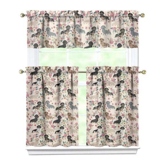 Dog Print Kitchen Curtains 36 Inch Short - 3 Panel Set, Cute Puppy & Floral Design, Rod Pocket Pet Lover Curtains 100% Polyester, Paw & Bone Pattern for Kitchen, Living Room, Bedroom, Easy Wash