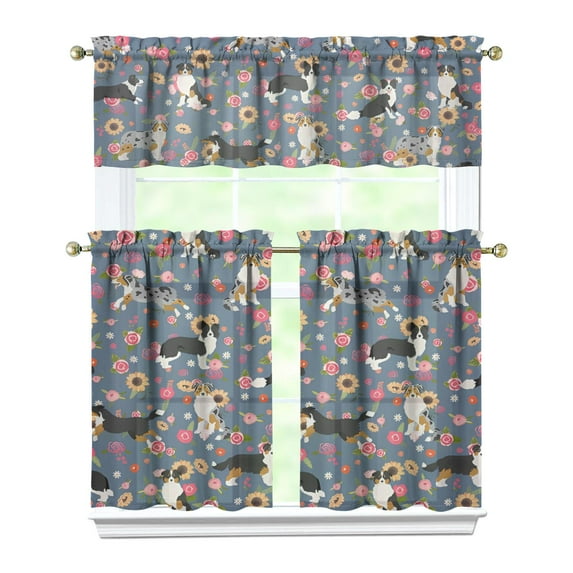 Dog Print Kitchen Curtains 36 Inch Short - 3 Panel Set, Cute Puppy & Floral Design, Rod Pocket Pet Lover Curtains 100% Polyester, Paw & Bone Pattern for Kitchen, Living Room, Bedroom, Easy Wash