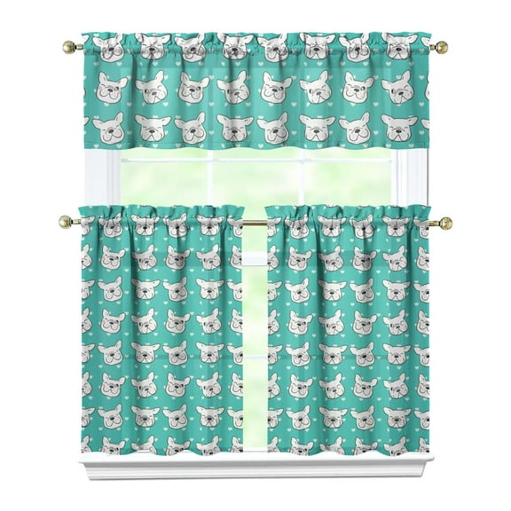 Dog Print Kitchen Curtains 36 Inch Short - 3 Panel Set, Cute Puppy & Floral Design, Rod Pocket Pet Lover Curtains 100% Polyester, Paw & Bone Pattern for Kitchen, Living Room, Bedroom, Easy Wash