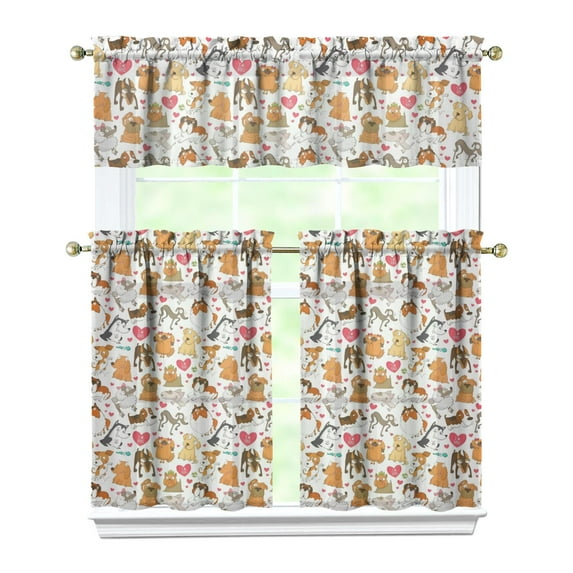 Dog Print Kitchen Curtains 36 Inch Short 3 Panel Set, Cute Puppy