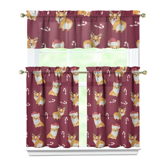 Dog Print Kitchen Curtains 36 Inch Short - 3 Panel Set, Cute Puppy & Floral Design, Rod Pocket Pet Lover Curtains 100% Polyester, Paw & Bone Pattern for Kitchen, Living Room, Bedroom, Easy Wash