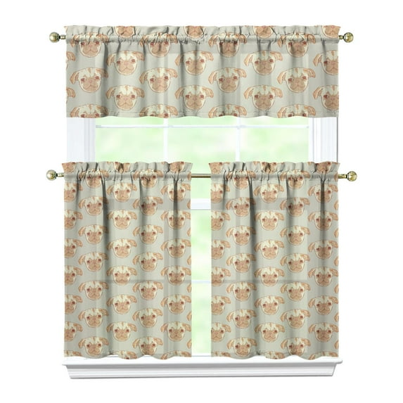 Dog Print Kitchen Curtains 36 Inch Short - 3 Panel Set, Cute Puppy & Floral Design, Rod Pocket Pet Lover Curtains 100% Polyester, Paw & Bone Pattern for Kitchen, Living Room, Bedroom, Easy Wash