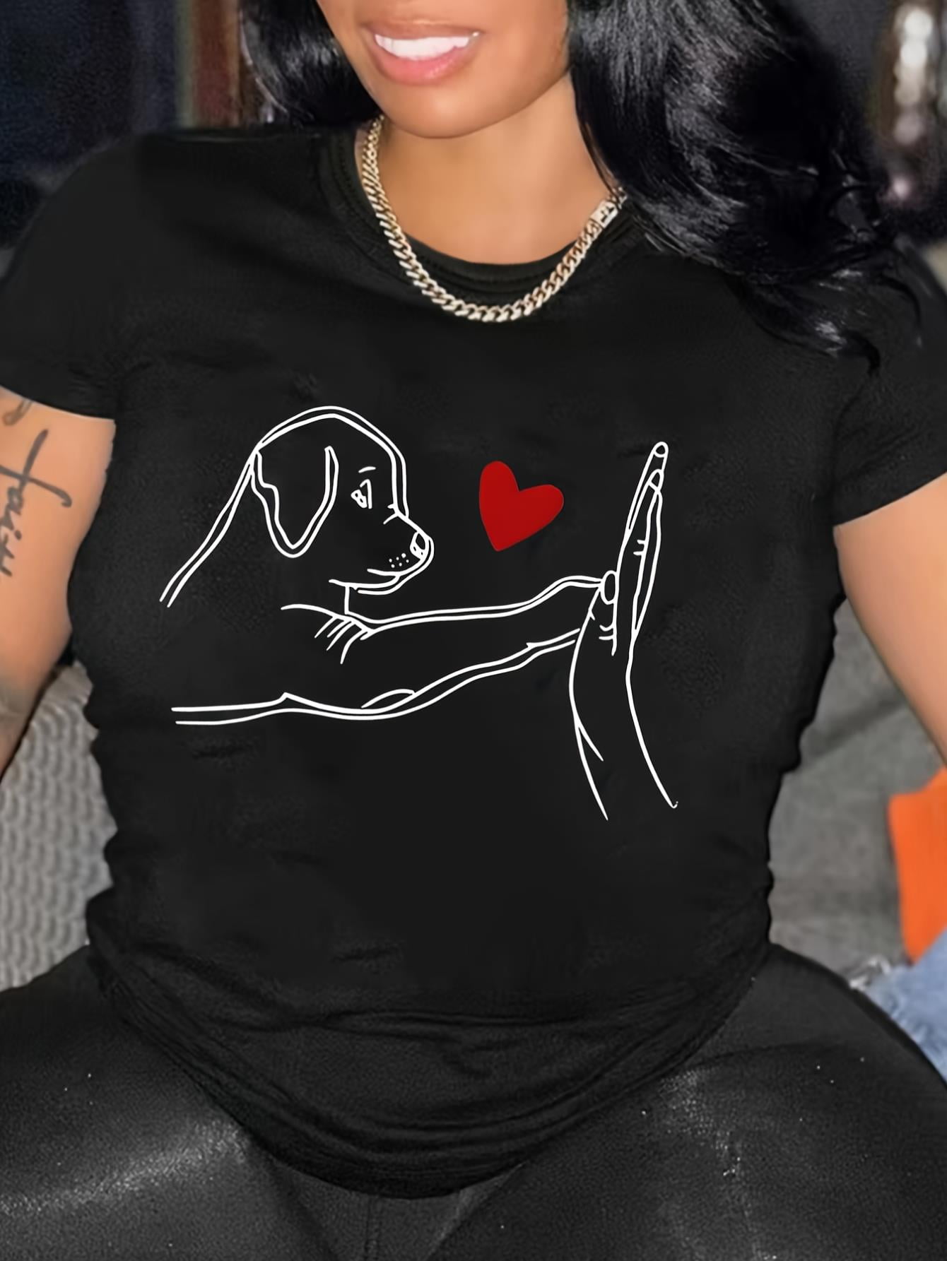 Dog Print T-Shirt, Casual Short Sleeve Top For Spring & Summer, Women's ...