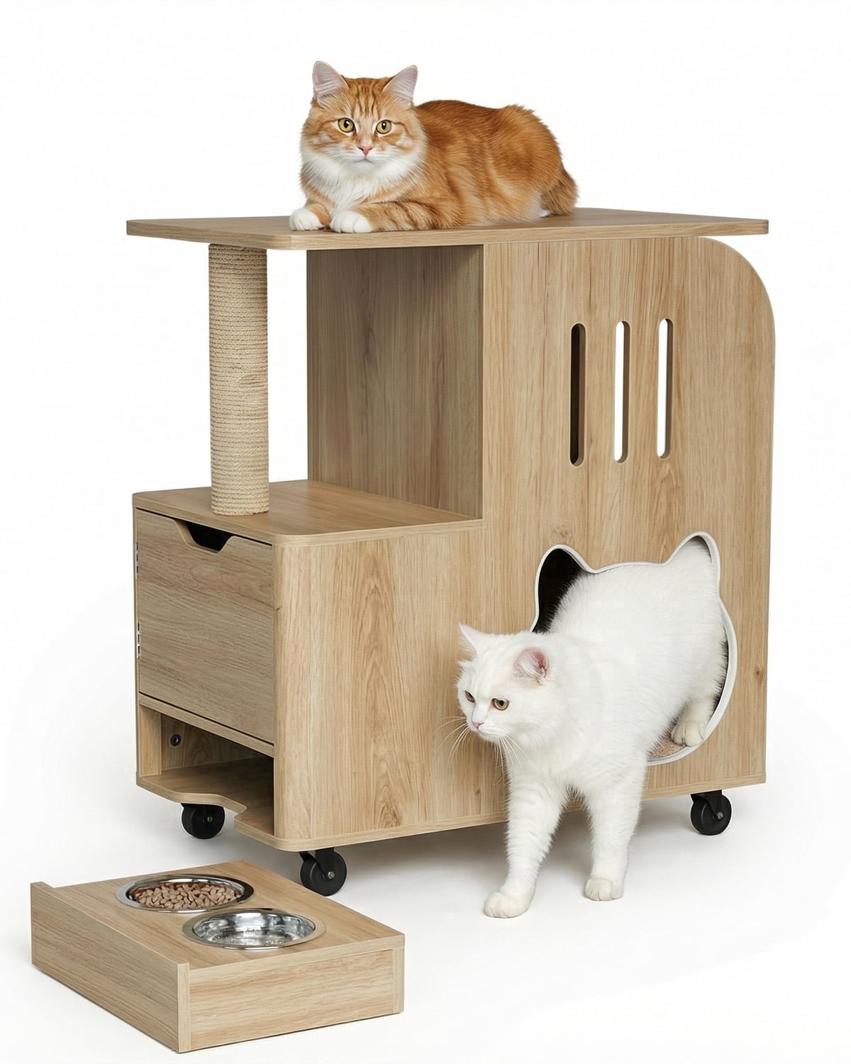 Dog Proof Cat Feeding Station with Bowls, Moving Wheels Cat Food Table, Cat Bed Window Perch with Vertical Scratcher and Mat