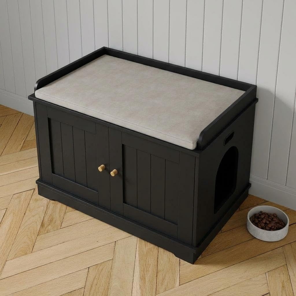 Dog-Proof Cat Litter Box Enclosure Furniture-Hidden Cabinet with Wooden Barn Door-Large Covered Pet House-Modern Farmhouse Style-Fits Most Litter Boxes