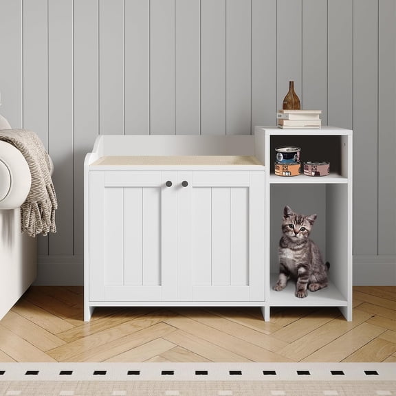 Dog Proof Cat Litter Box Enclosure with Storage Shelf – Wooden Barn Door Hidden Cabinet, Covered Cat Washroom End Table, Fits Most Litter Boxes, Indoor Cat House, White