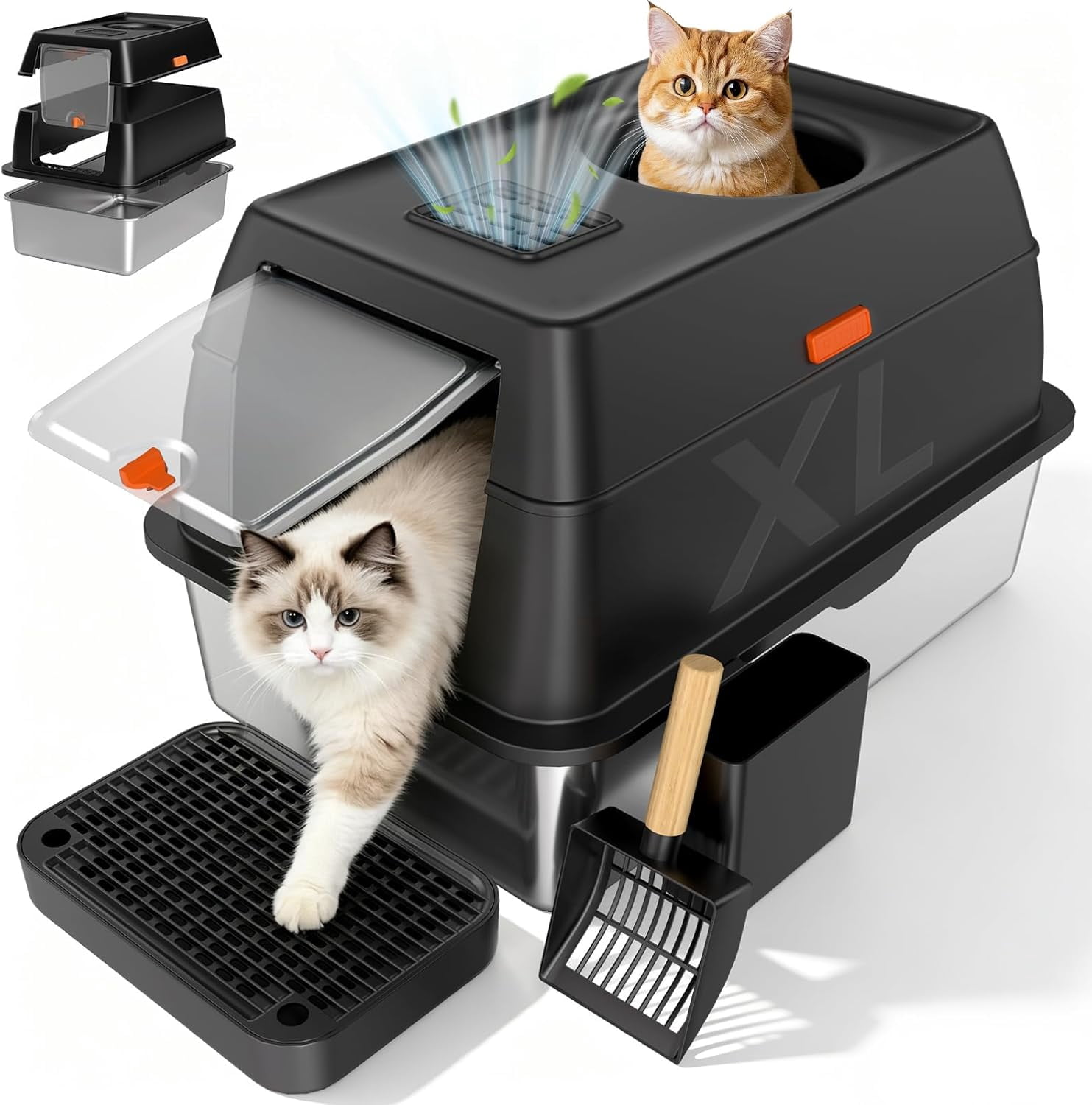 Dog Proof Front Entry Top Exit, High Sided Enclosed Metal Cat Litter Pan, Extra Large Stainless Steel Litter Box with Lid, Includes Scoop & Step, Odor Control Easy Clean Leak Proof