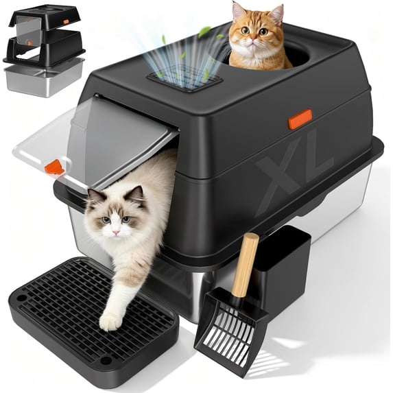 Dog Proof Front Entry Top Exit, High Sided Enclosed Metal Cat Litter Pan, Extra Large Stainless Steel Litter Box with Lid, Includes Scoop & Step, Odor Control Easy Clean Leak Proof