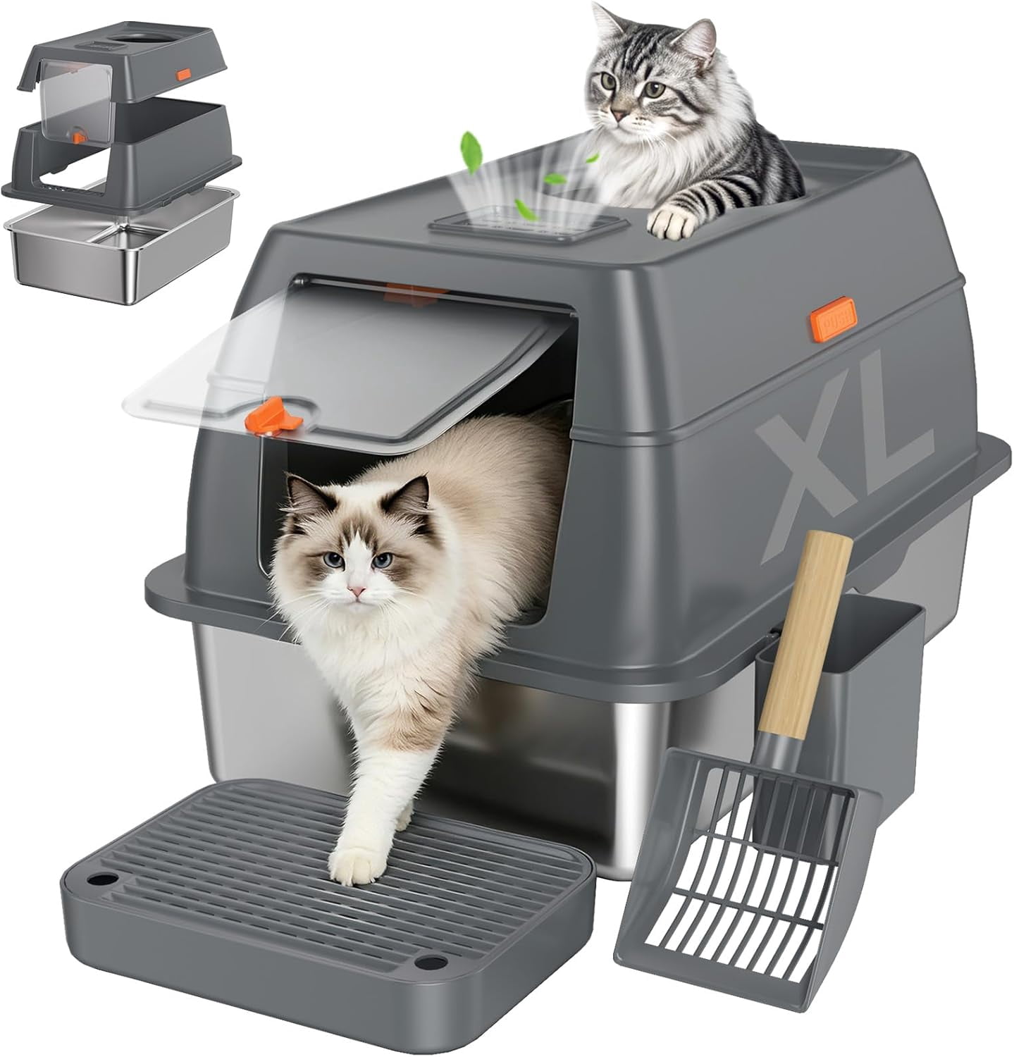 Dog Proof Front Entry Top Exit, High Sided Enclosed Metal Cat Litter Pan, Extra Large Stainless Steel Litter Box with Lid, Includes Scoop & Step, Odor Control Easy Clean Leak Proof