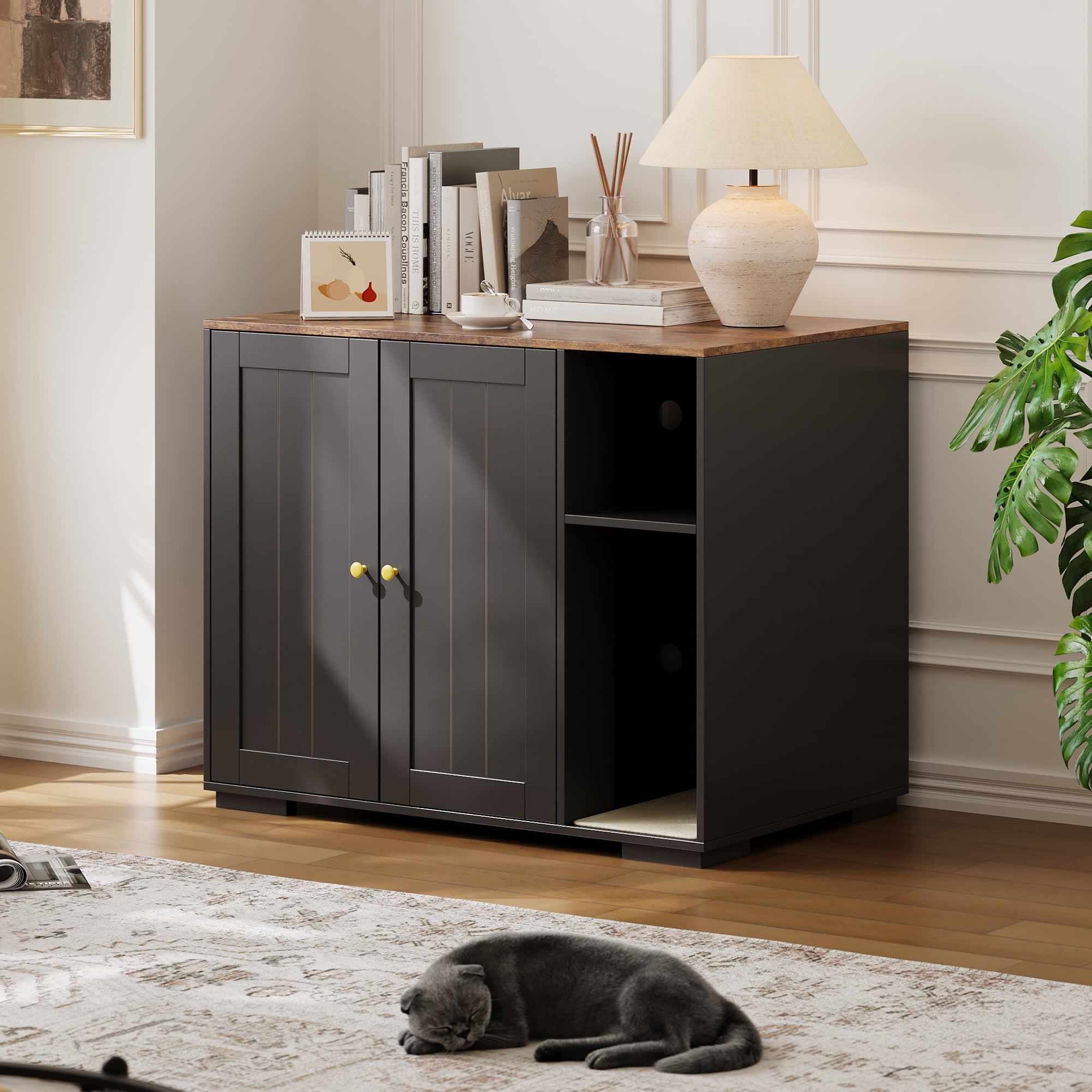 Dog-Proof Hidden Cat Litter Box Enclosure with Litter Collector, Large Indoor Cat House Cabinet, Self-Cleaning Litter Box Compatible Cat Furniture